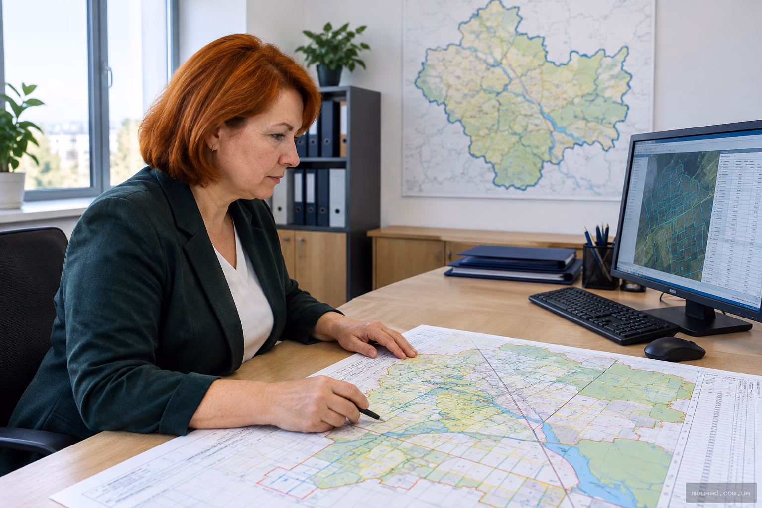 Фахівець вивчає кадастрову карту з межами земельних ділянок і координатними сітками