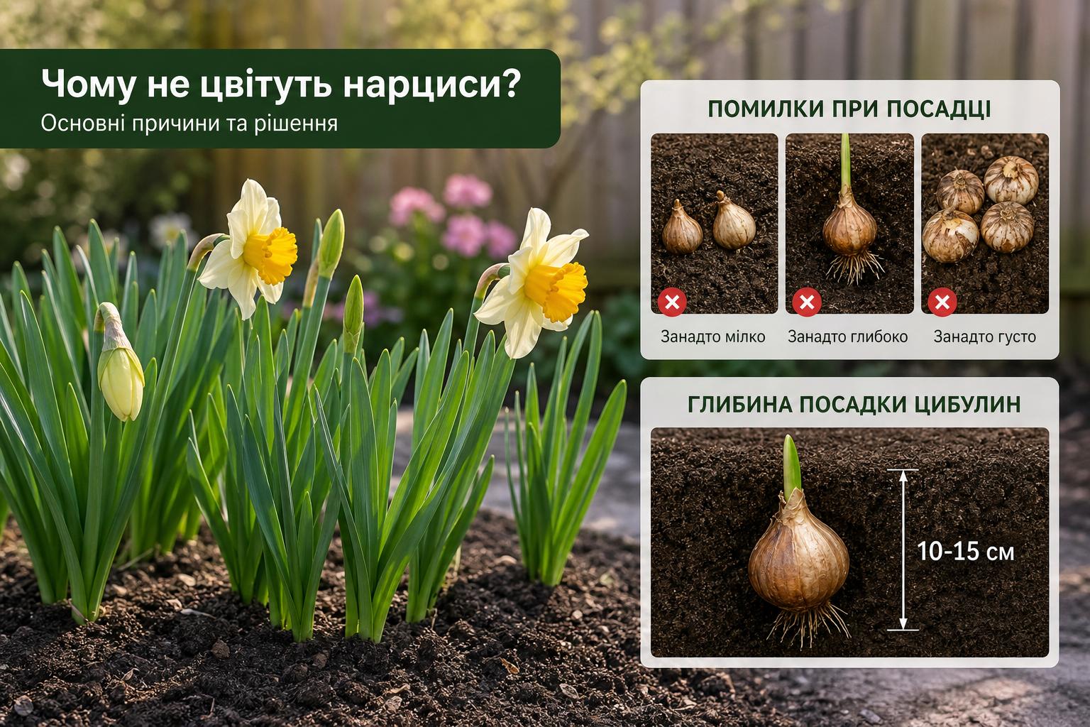 Чому не цвітуть нарциси, що робити, основні причини. Помилки при посадці нарцисів і глибина посадки цибулин