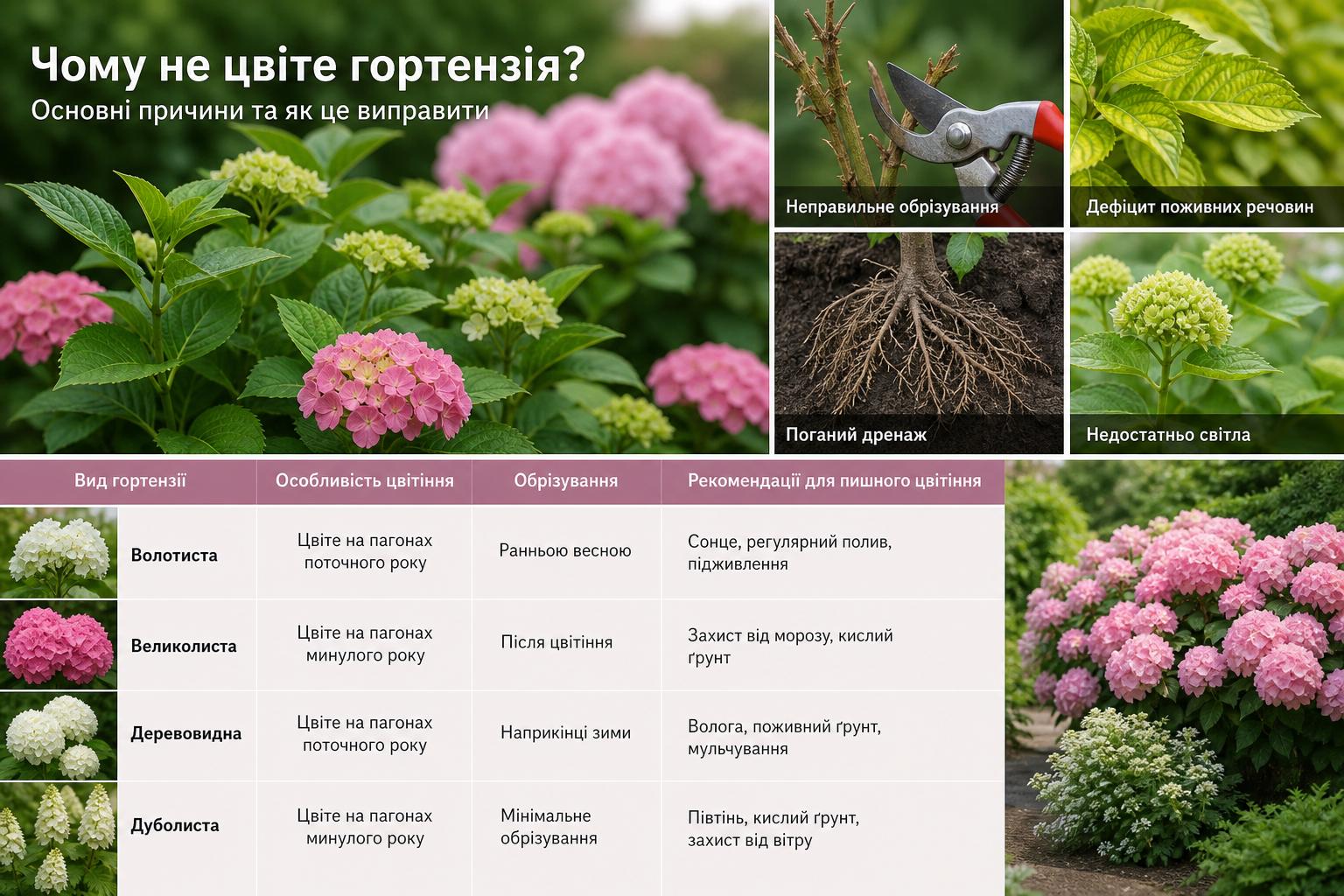 Чому не цвіте гортензія ,що робити, основні причини та як змусити її випустити пишні шапки. Таблиця: порівняння видів гортензій і рекомендації щодо цвітіння
