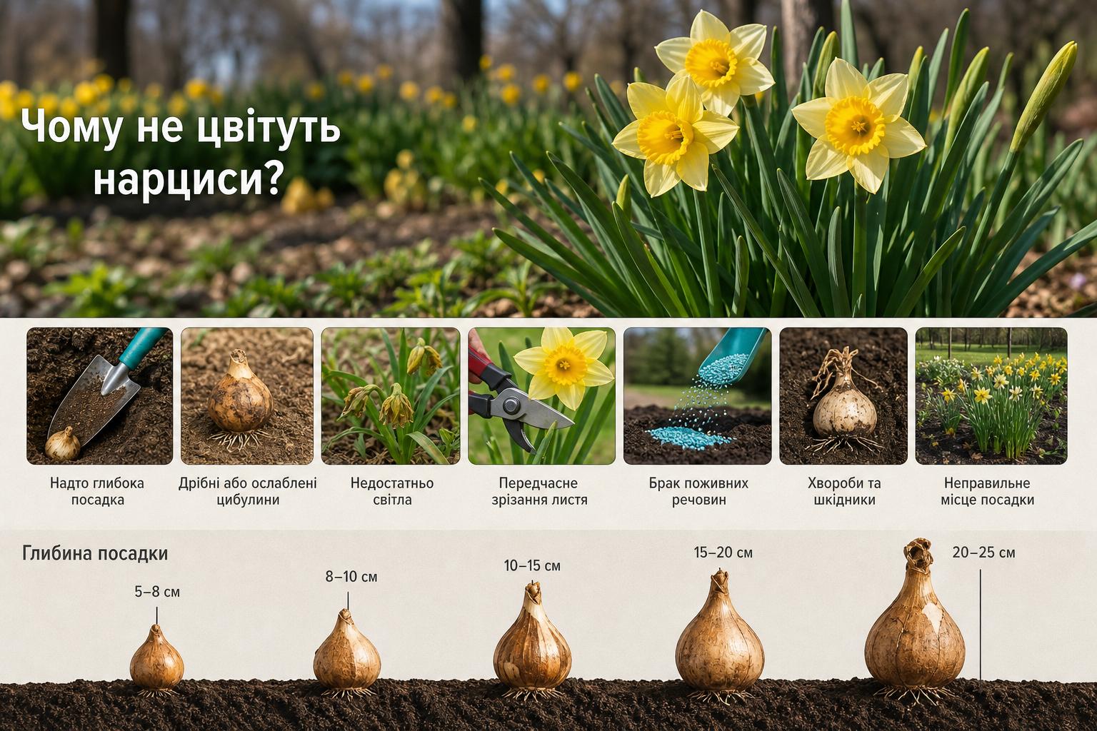 Чому не цвітуть нарциси, що робити, основні причини. Типова таблиця глибини посадки