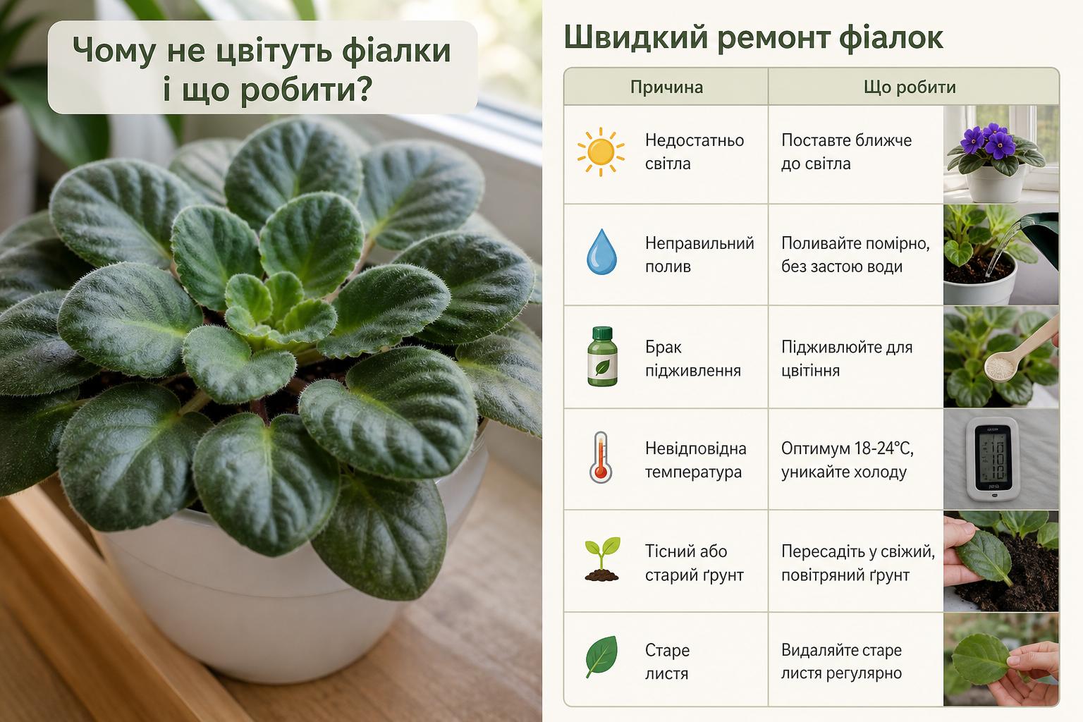 Чому не цвітуть фіалки, що робити, основні причини. Коротка таблиця швидкого ремонту