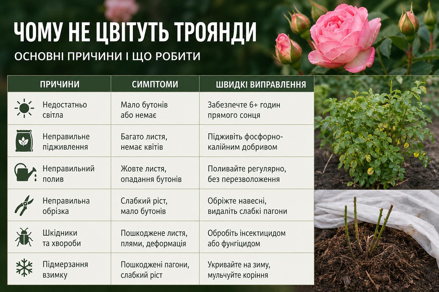 Чому не цвітуть троянди, і як це виправити,що робити, основні причини. Таблиця: причини, симптоми і швидкі виправлення