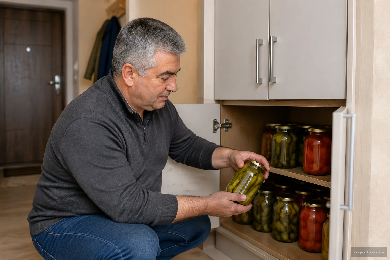 Нижня полиця шафи в коридорі квартири, заповнена банками із заготовками